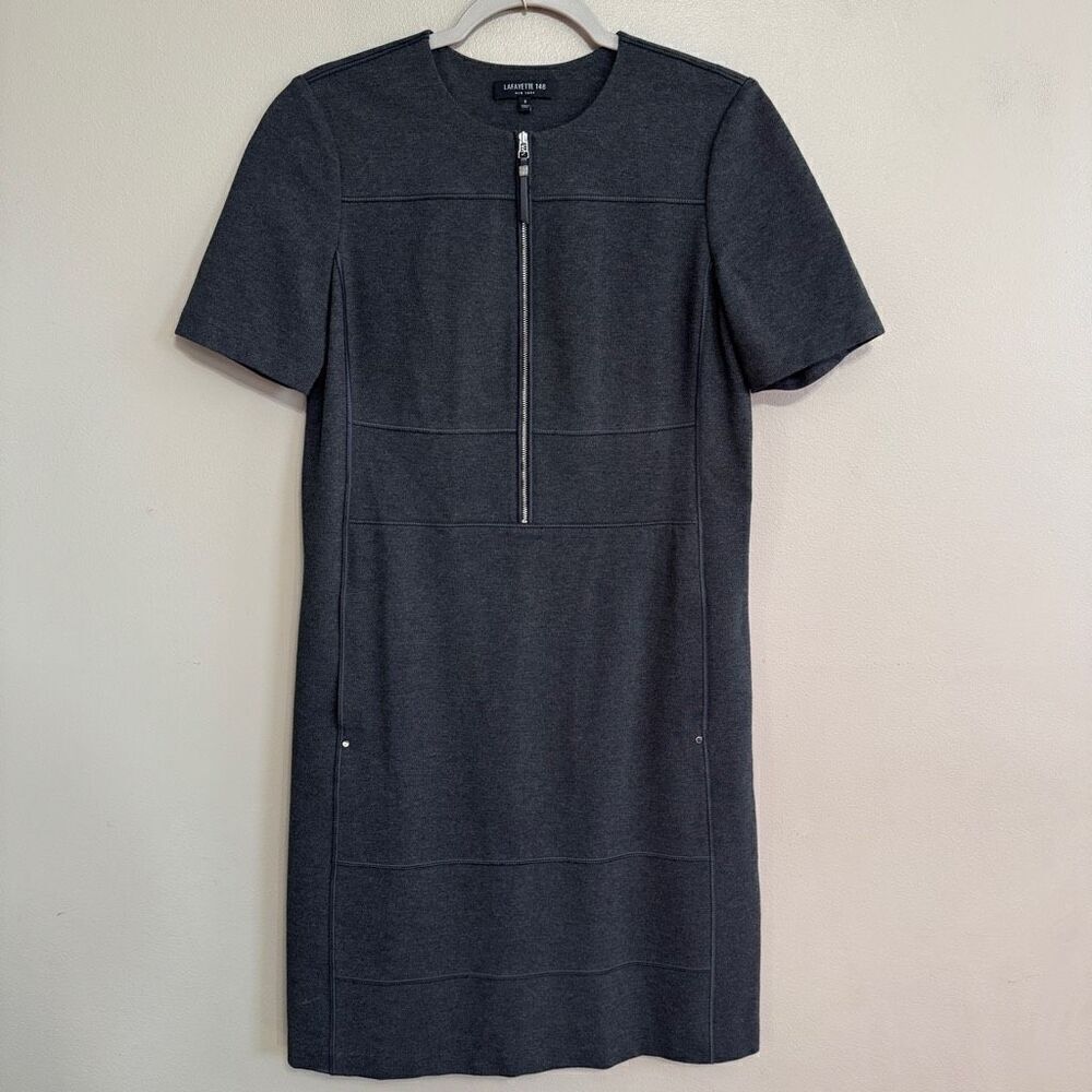 Lafayette 148 Demi Punto Milano Zip-Up Dress Gray Shift Short Sleeve small